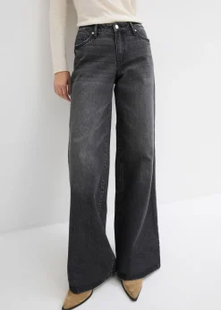 bonprix bonprix Vaqueros de pernera ancha, mid waist, largo completo y low stretch negro denim usado Sale