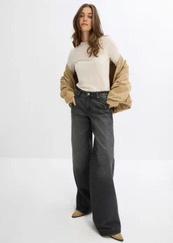 bonprix bonprix Vaqueros de pernera ancha, mid waist, largo completo y low stretch negro denim usado Sale
