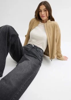 bonprix bonprix Vaqueros de pernera ancha, mid waist, largo completo y low stretch negro denim usado Sale