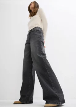 bonprix bonprix Vaqueros de pernera ancha, mid waist, largo completo y low stretch negro denim usado Sale