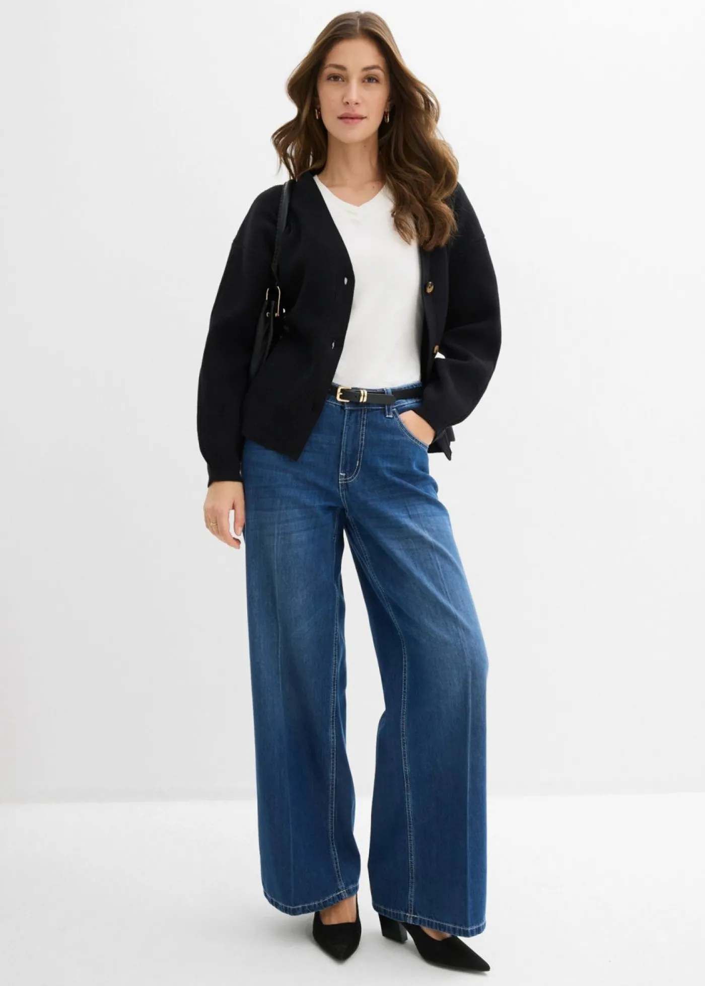 bonprix bonprix Vaqueros de pernera ancha, mid waist Azul piedra usado Online