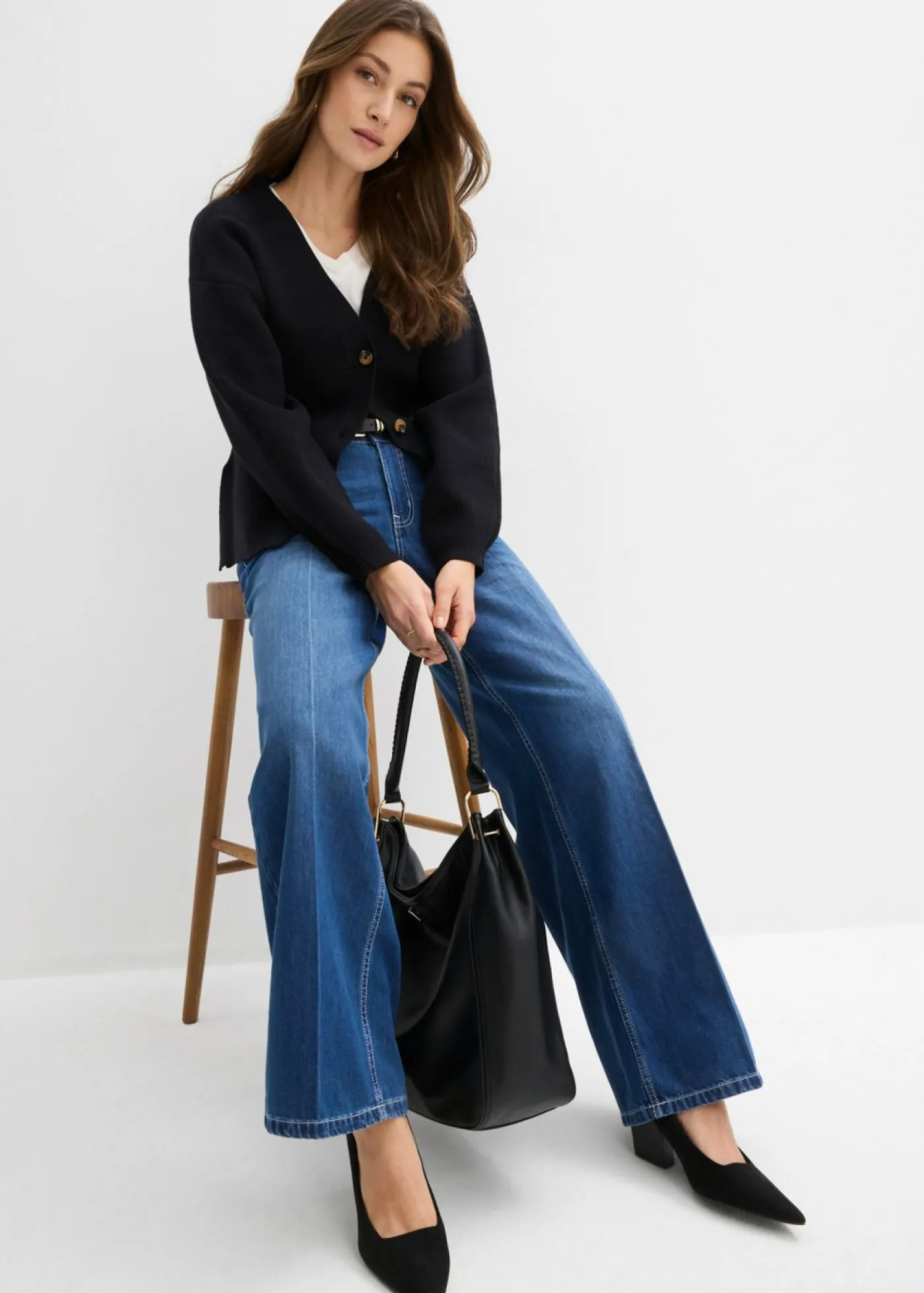 bonprix bonprix Vaqueros de pernera ancha, mid waist Azul piedra usado Online