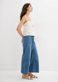 bonprix bonprix Vaqueros de pernera ancha, high waist, cintura cómoda y cropped Denim claro desgastado Clearance