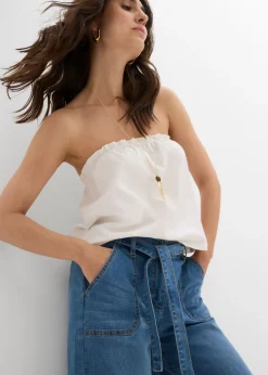 bonprix bonprix Vaqueros de pernera ancha, high waist, cintura cómoda y cropped Denim claro desgastado Clearance