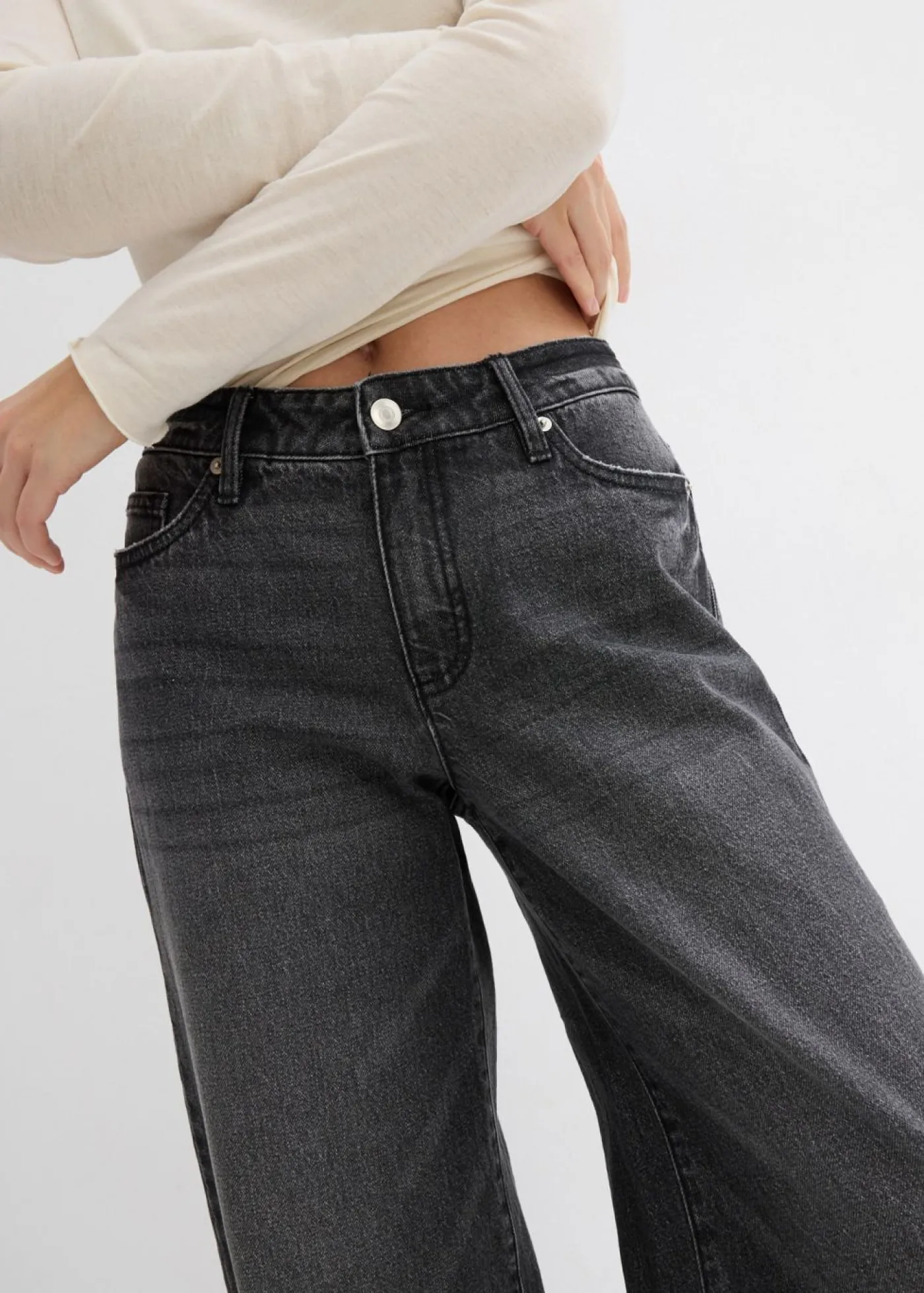 bonprix bonprix Vaqueros de pernera ancha, mid waist, largo completo y low stretch negro denim usado
