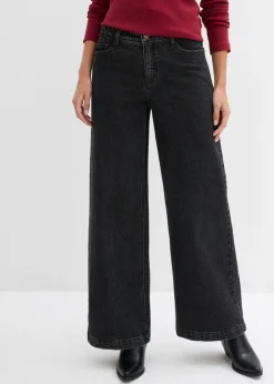 bonprix bonprix Vaqueros de pernera ancha, mid waist, largo completo Denim gris oscuro desgastado Sale
