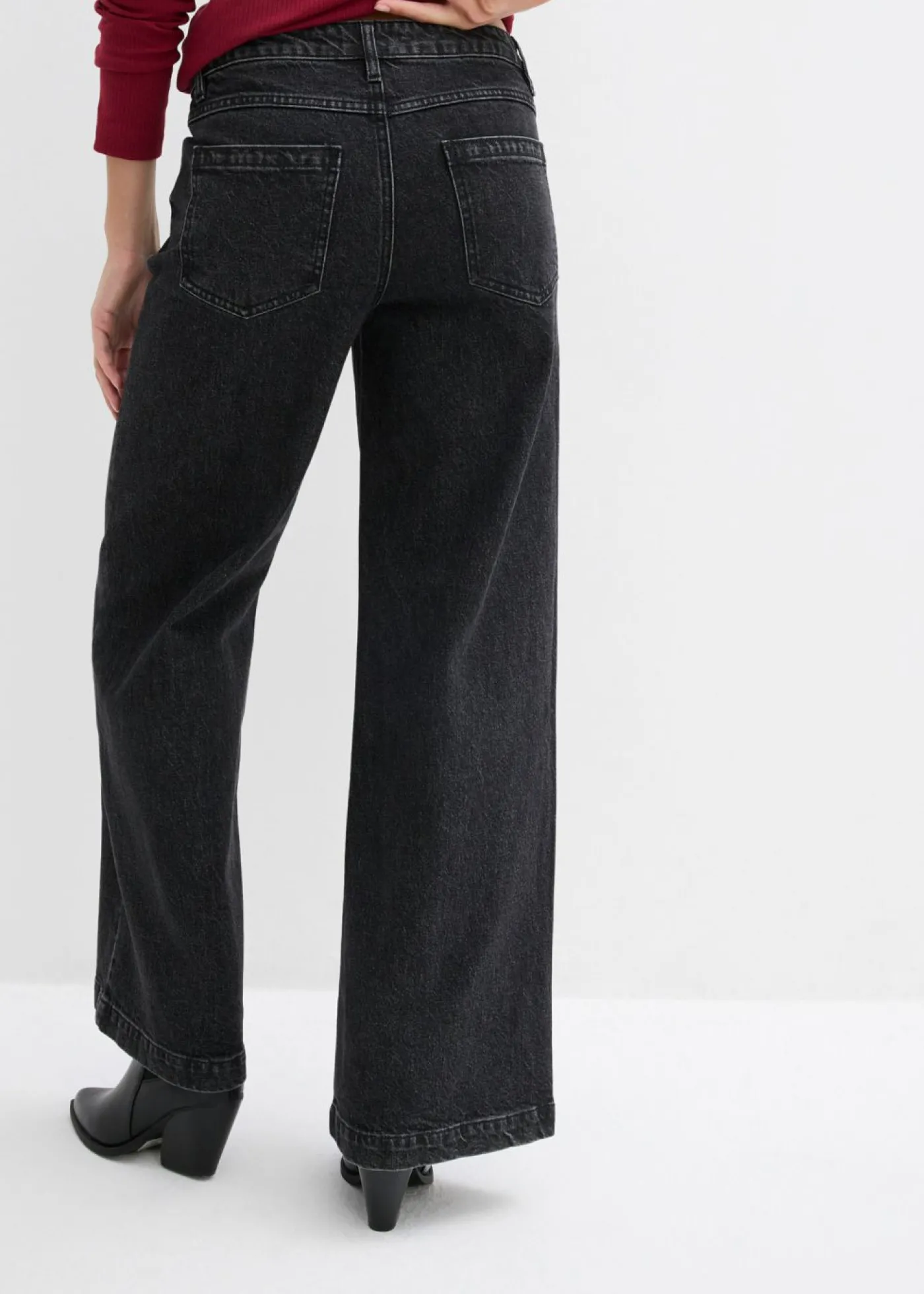 bonprix bonprix Vaqueros de pernera ancha, mid waist, largo completo Denim gris oscuro desgastado Sale