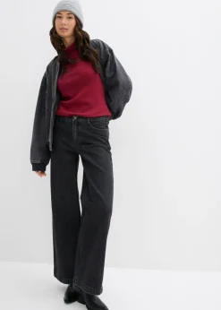 bonprix bonprix Vaqueros de pernera ancha, mid waist, largo completo Denim gris oscuro desgastado Sale