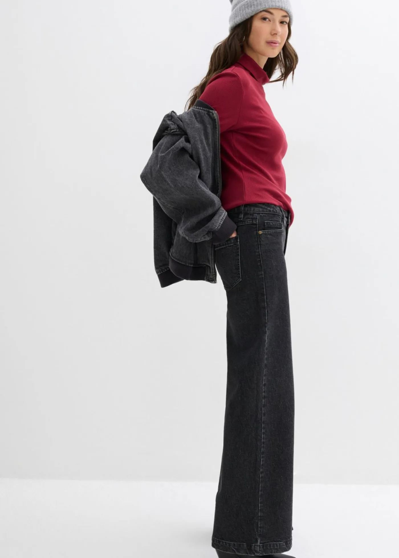 bonprix bonprix Vaqueros de pernera ancha, mid waist, largo completo Denim gris oscuro desgastado Sale
