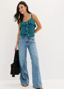bonprix bonprix Vaqueros de pernera ancha, mid waist, largo completo y low stretch Azul piedra usado