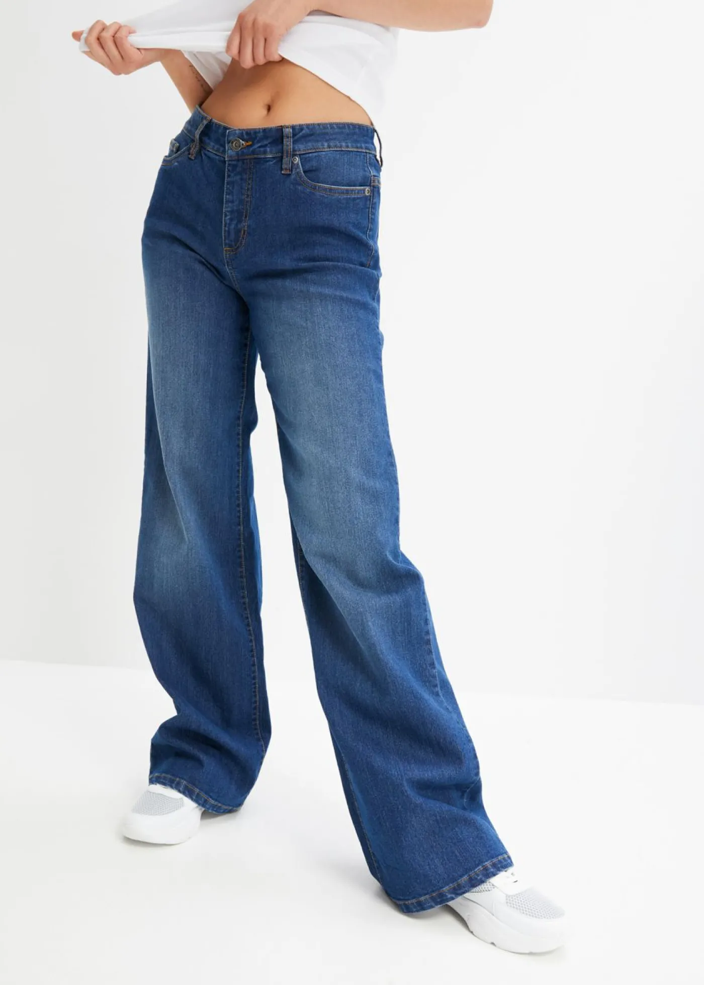 bonprix bonprix Vaqueros de pernera ancha, mid waist, elástico Azul piedra Clearance