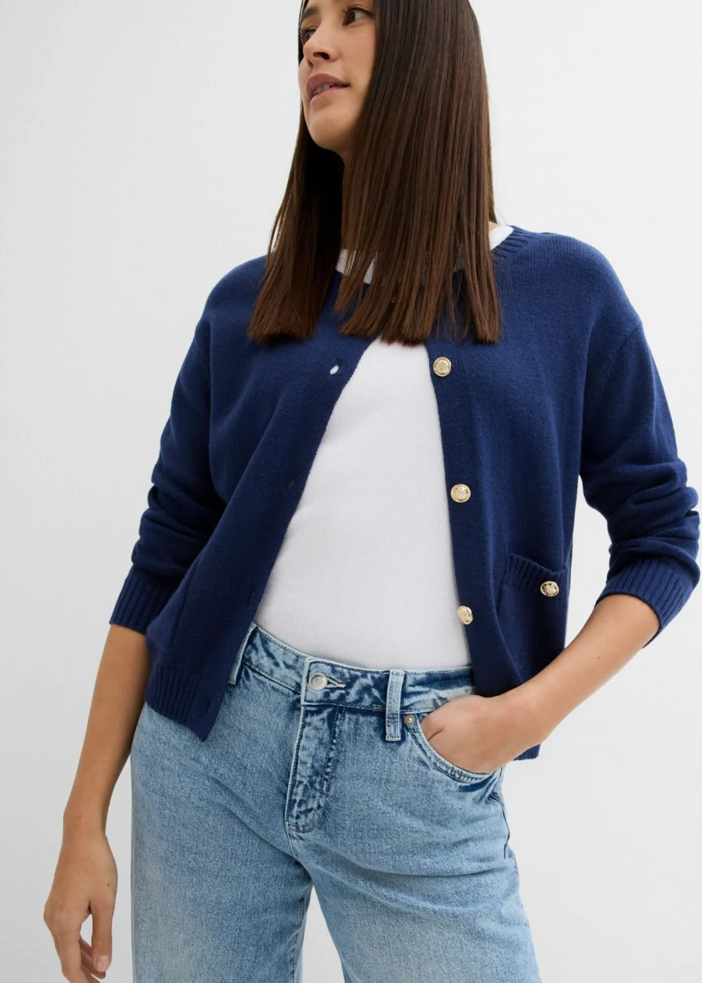 bonprix bonprix Vaqueros de pernera ancha, mid waist, largo completo y low stretch azul hielo denim usado Discount