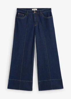 bonprix bonprix Vaqueros de pierna ancha, tiro medio y largo acortado Azul oscuro denim