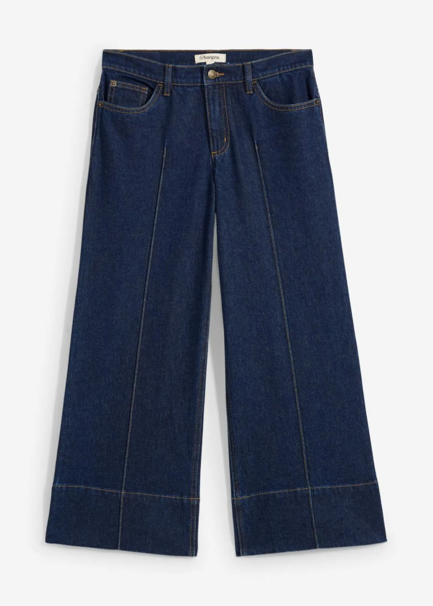 bonprix bonprix Vaqueros de pierna ancha, tiro medio y largo acortado Azul oscuro denim