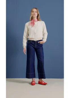 bonprix bonprix Vaqueros de pierna ancha, tiro medio y largo acortado Azul oscuro denim