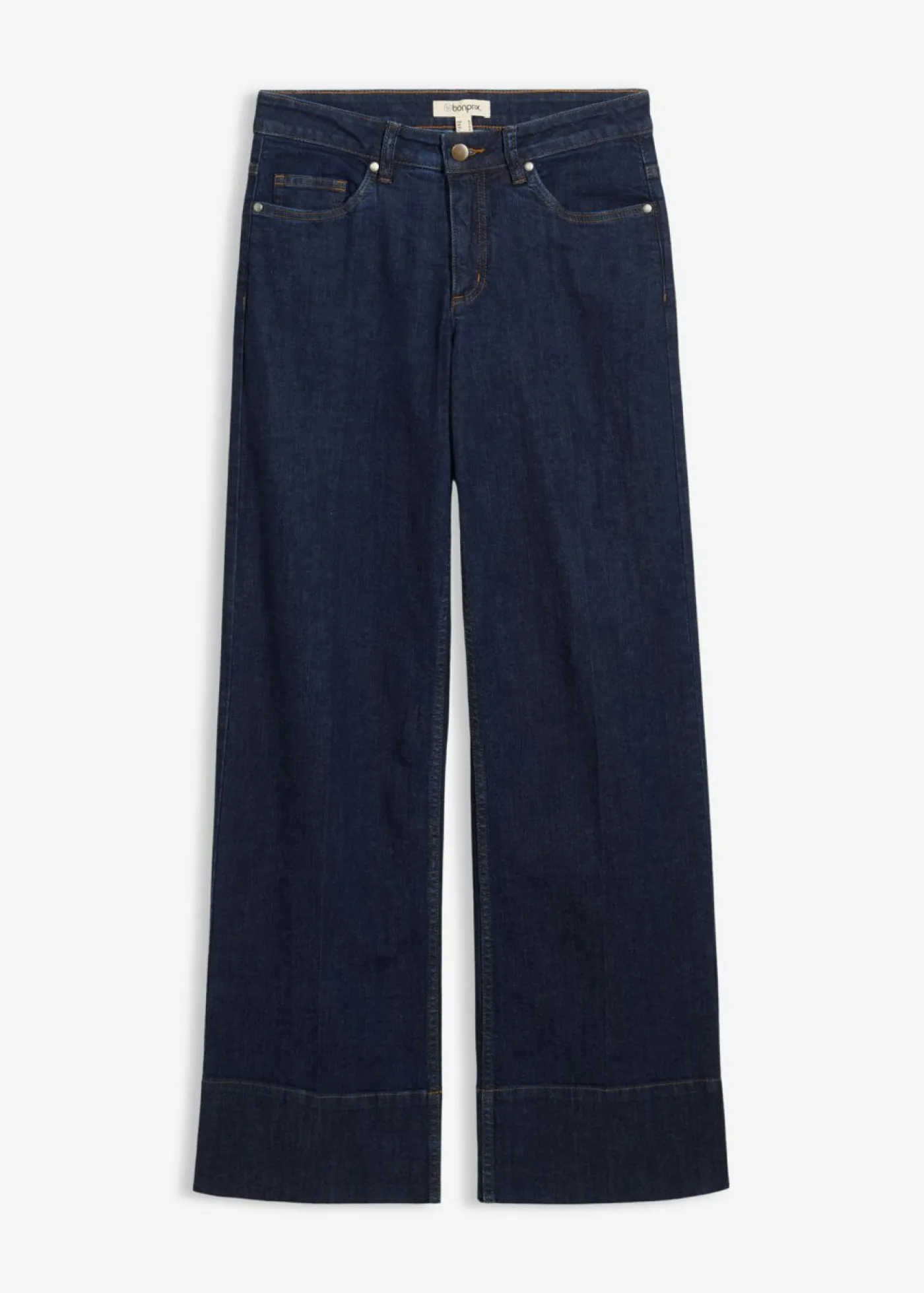 bonprix bonprix Vaqueros de talle medio de algodón orgánico con perneras anchas Azul oscuro denim Sale
