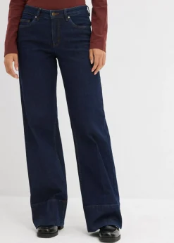 bonprix bonprix Vaqueros de talle medio de algodón orgánico con perneras anchas Azul oscuro denim Sale
