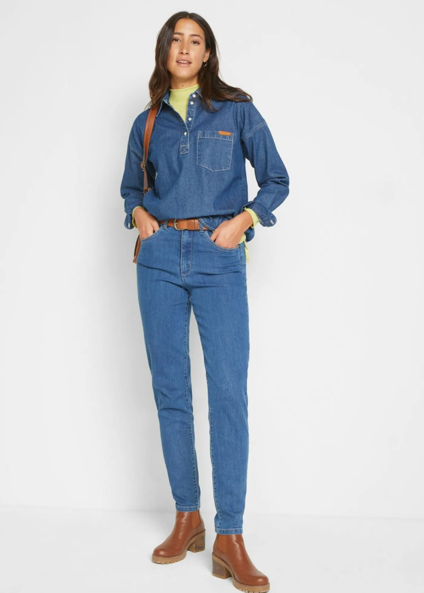 bonprix bonprix Vaqueros elásticos de cintura alta y corte mom Azul piedra usado Outlet