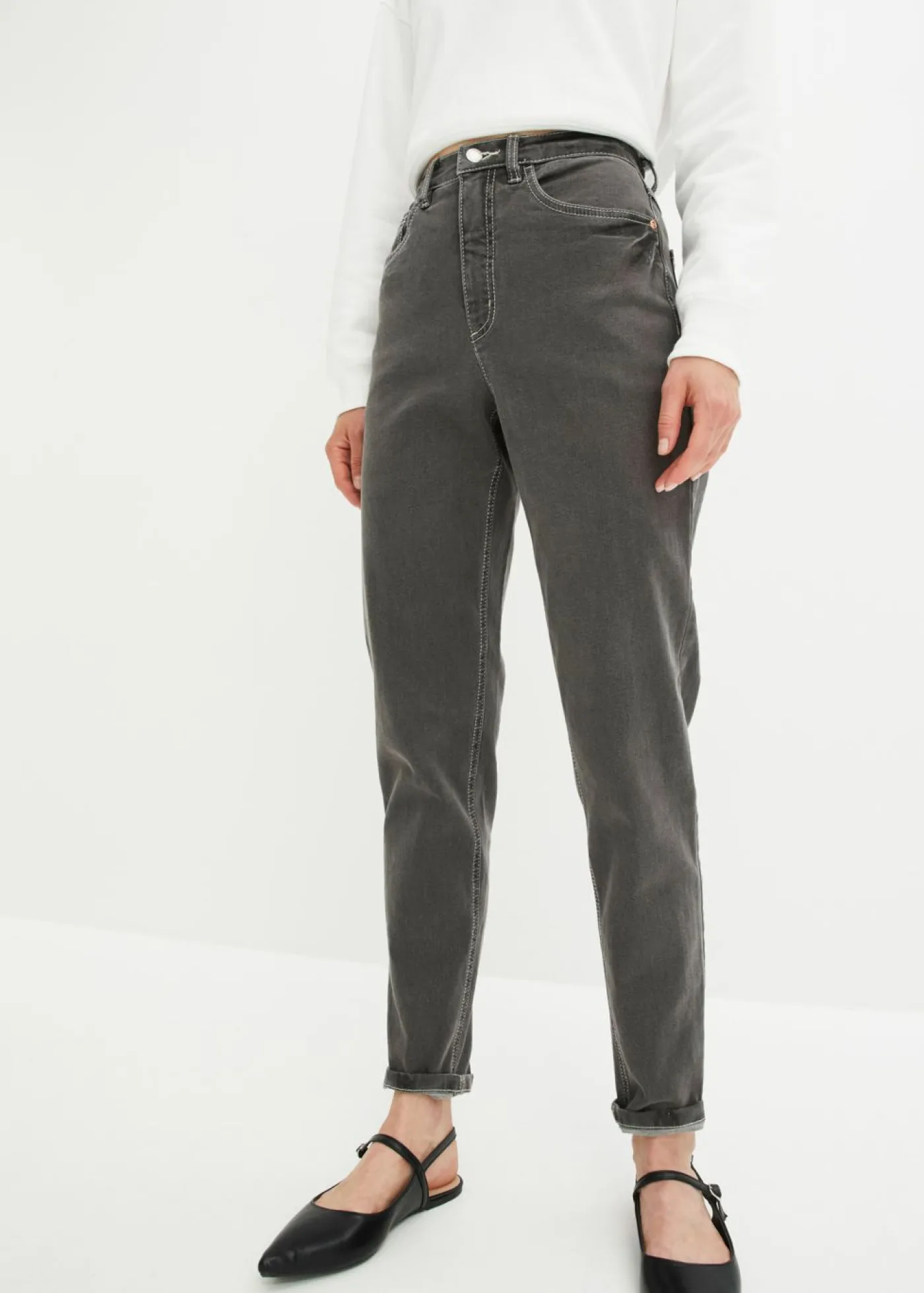 bonprix bonprix Vaqueros elásticos de cintura alta y corte mom Denim gris oscuro desgastado Clearance