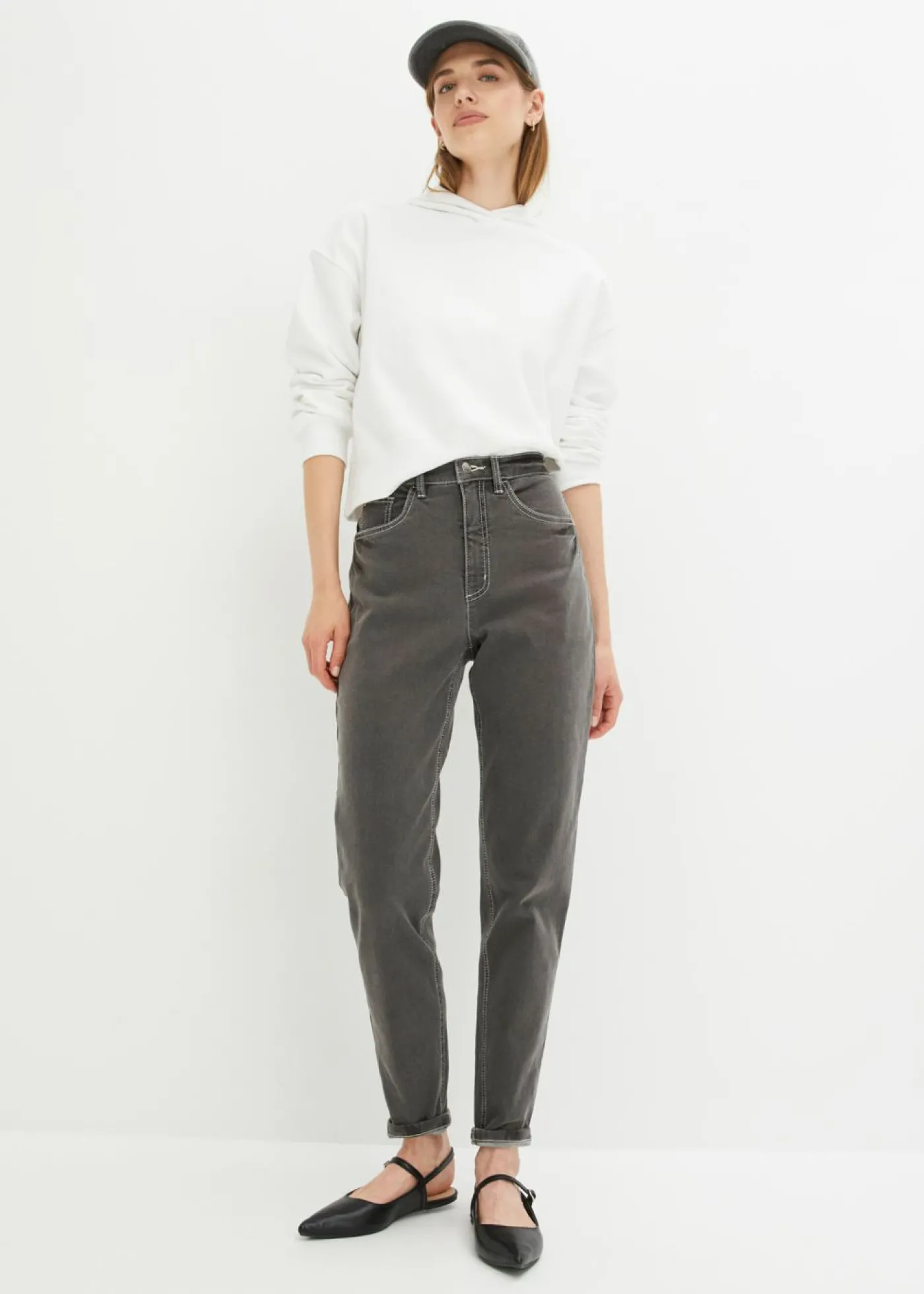 bonprix bonprix Vaqueros elásticos de cintura alta y corte mom Denim gris oscuro desgastado Clearance