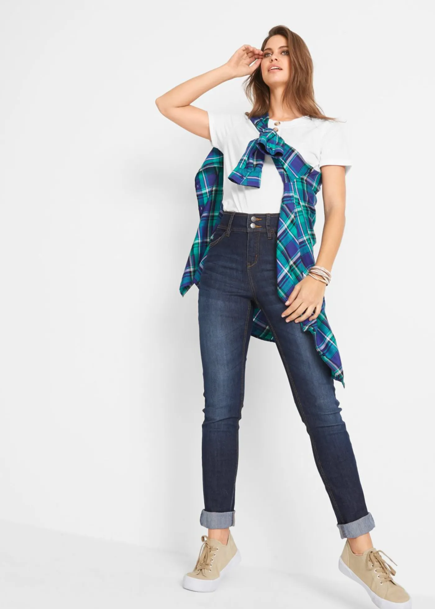 bonprix bonprix Vaqueros elásticos de corte slim y talle alto Denim oscuro desgastado New