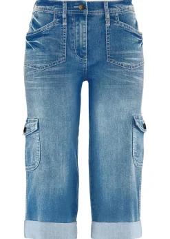 bonprix bonprix Vaqueros elásticos de talle medio y corte cargo Azul claro blanqueado Clearance
