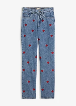 bonprix bonprix Vaqueros loose, straight, high waist, de algodón azul claro denim-rojo usado Clearance