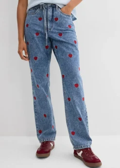 bonprix bonprix Vaqueros loose, straight, high waist, de algodón azul claro denim-rojo usado Clearance