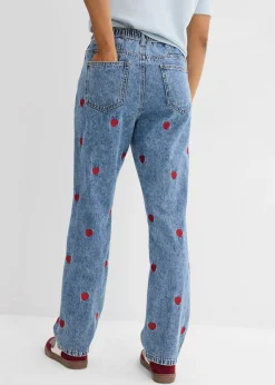 bonprix bonprix Vaqueros loose, straight, high waist, de algodón azul claro denim-rojo usado Clearance