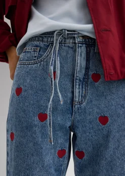 bonprix bonprix Vaqueros loose, straight, high waist, de algodón azul claro denim-rojo usado Clearance