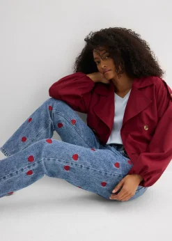 bonprix bonprix Vaqueros loose, straight, high waist, de algodón azul claro denim-rojo usado Clearance