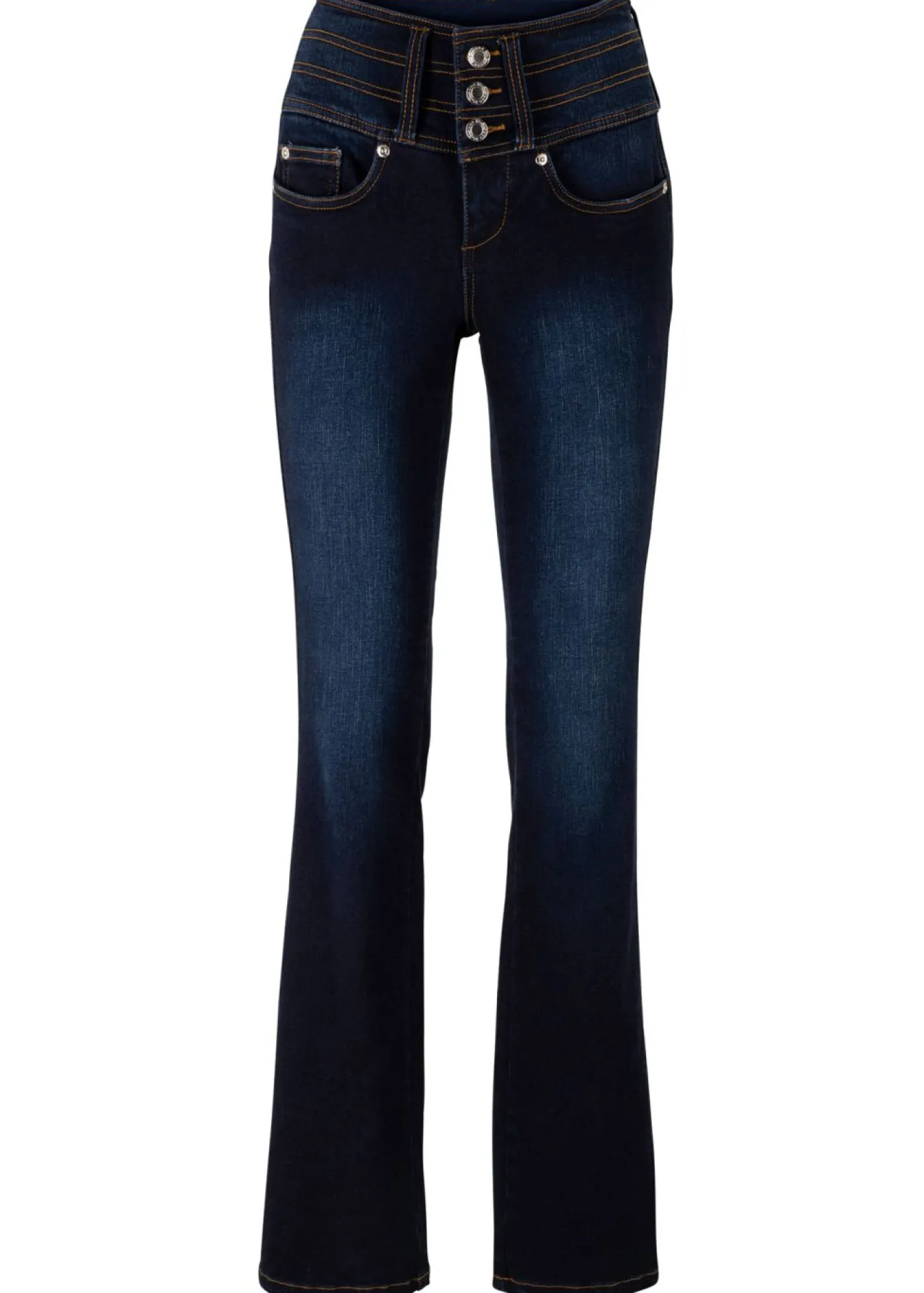 bonprix bonprix Vaqueros moldeadores con corte bootcut y talle alto Azul marino desgastado Discount