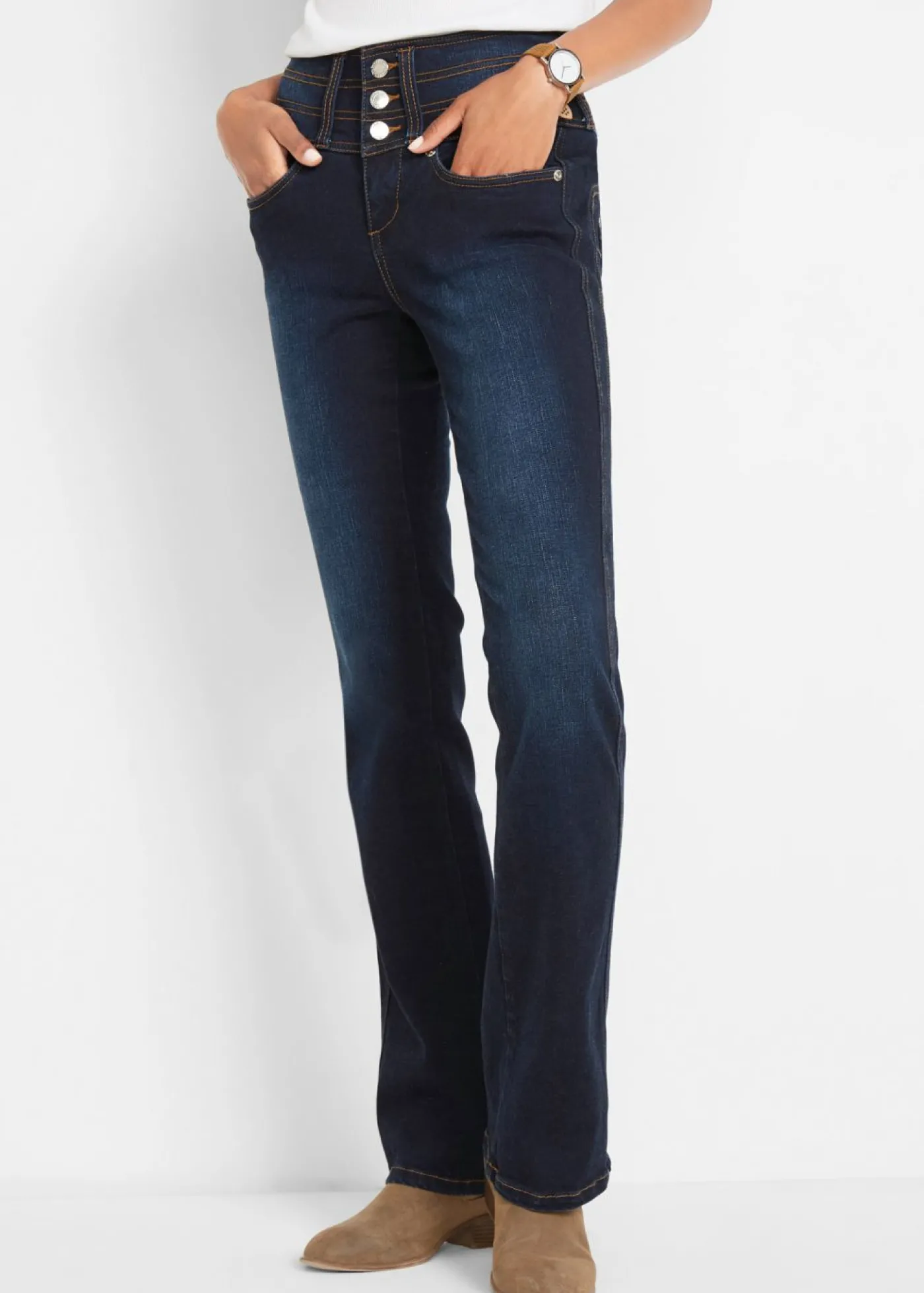 bonprix bonprix Vaqueros moldeadores con corte bootcut y talle alto Azul marino desgastado Discount