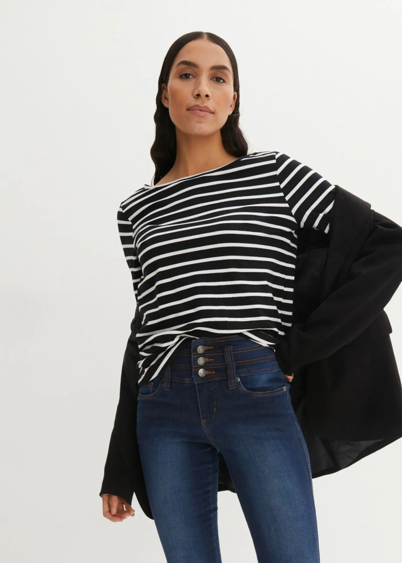 bonprix bonprix Vaqueros moldeadores de talle alto con corte ajustado Azul marino desgastado Hot