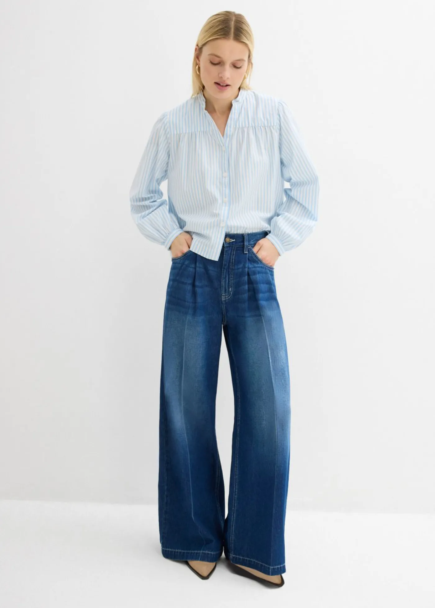 bonprix bonprix Vaqueros palazzo, super wide, de algodón azul oscuro denim usado Clearance