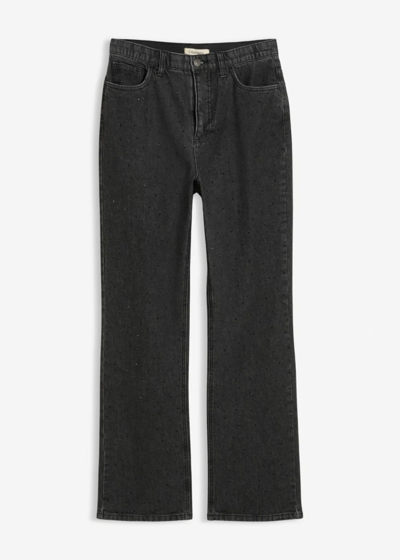 bonprix bonprix Vaqueros rectos de talle medio con corte holgado, cinturilla elástica y piedras brillantes Denim gris oscuro