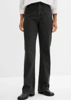 bonprix bonprix Vaqueros rectos de talle medio con corte holgado, cinturilla elástica y piedras brillantes Denim gris oscuro