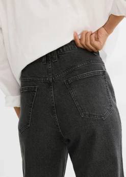 bonprix bonprix Vaqueros rectos de talle medio con corte holgado, cinturilla elástica y piedras brillantes Denim gris oscuro