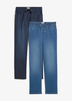 bonprix bonprix Vaqueros rectos de talle alto con cintura cómoda (2 unidades) azul claro denim+azul oscuro denim usado Online