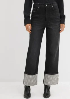 bonprix bonprix Vaqueros rectos de talle alto con dobladillo negro denim usado Online