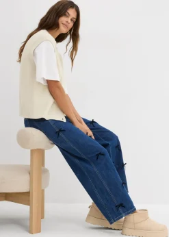 bonprix bonprix Vaqueros rectos de talle alto con cinturilla cómoda y corte barrel azul piedra-azul marino usado Discount