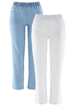 bonprix bonprix Vaqueros rectos de talle medio con cintura cómoda (2 unidades) Blanco + denim claro