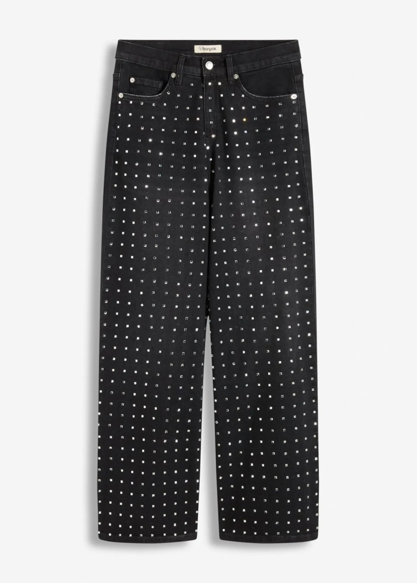 bonprix bonprix Vaqueros rectos de talle medio con aplicación de piedras brillantes Negro denim Online