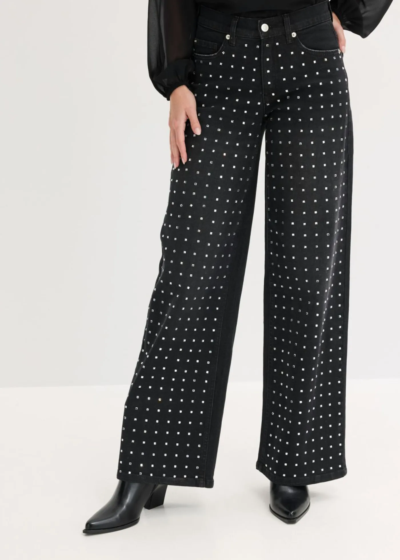 bonprix bonprix Vaqueros rectos de talle medio con aplicación de piedras brillantes Negro denim Online