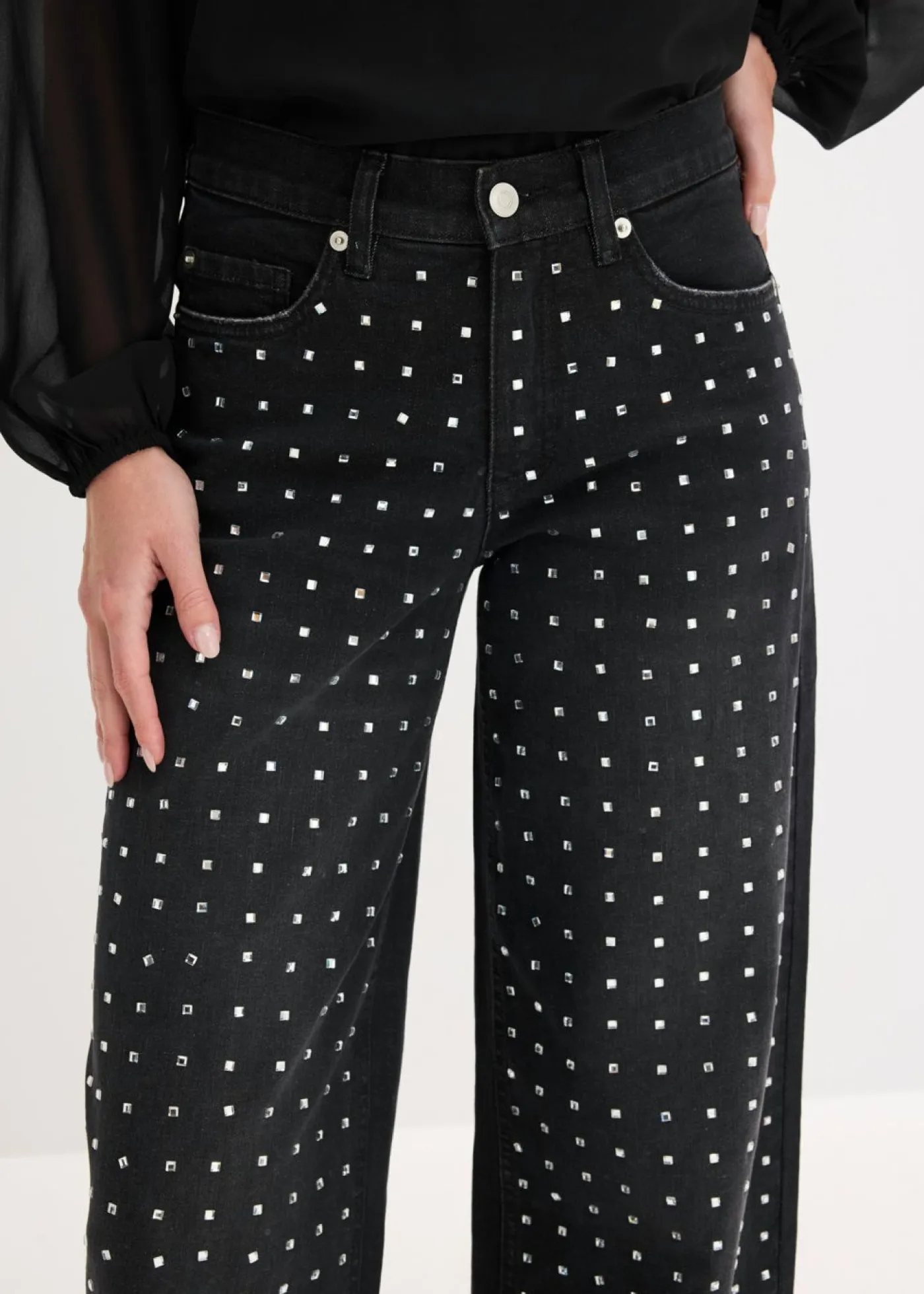 bonprix bonprix Vaqueros rectos de talle medio con aplicación de piedras brillantes Negro denim Online