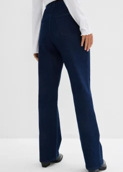 bonprix bonprix Vaqueros rectos de talle medio con corte holgado, cinturilla elástica y piedras brillantes Azul oscuro denim Hot