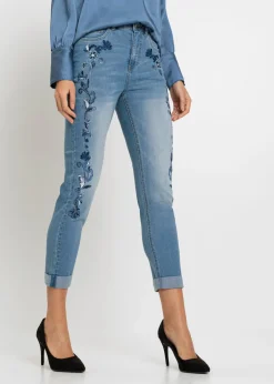 bonprix bonprix Vaqueros slim fit, mid waist, cropped Denim claro de flores New
