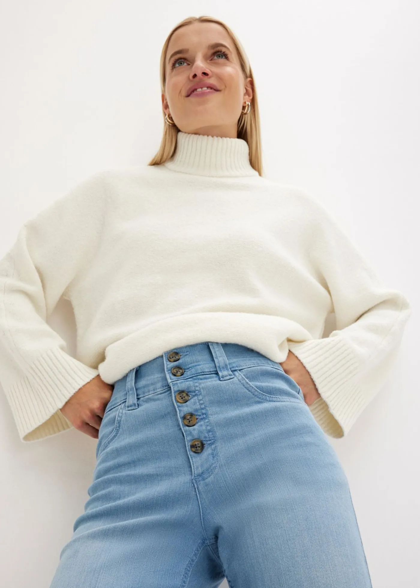 bonprix bonprix Vaqueros straight, high waist, elásticos Blanco lana New