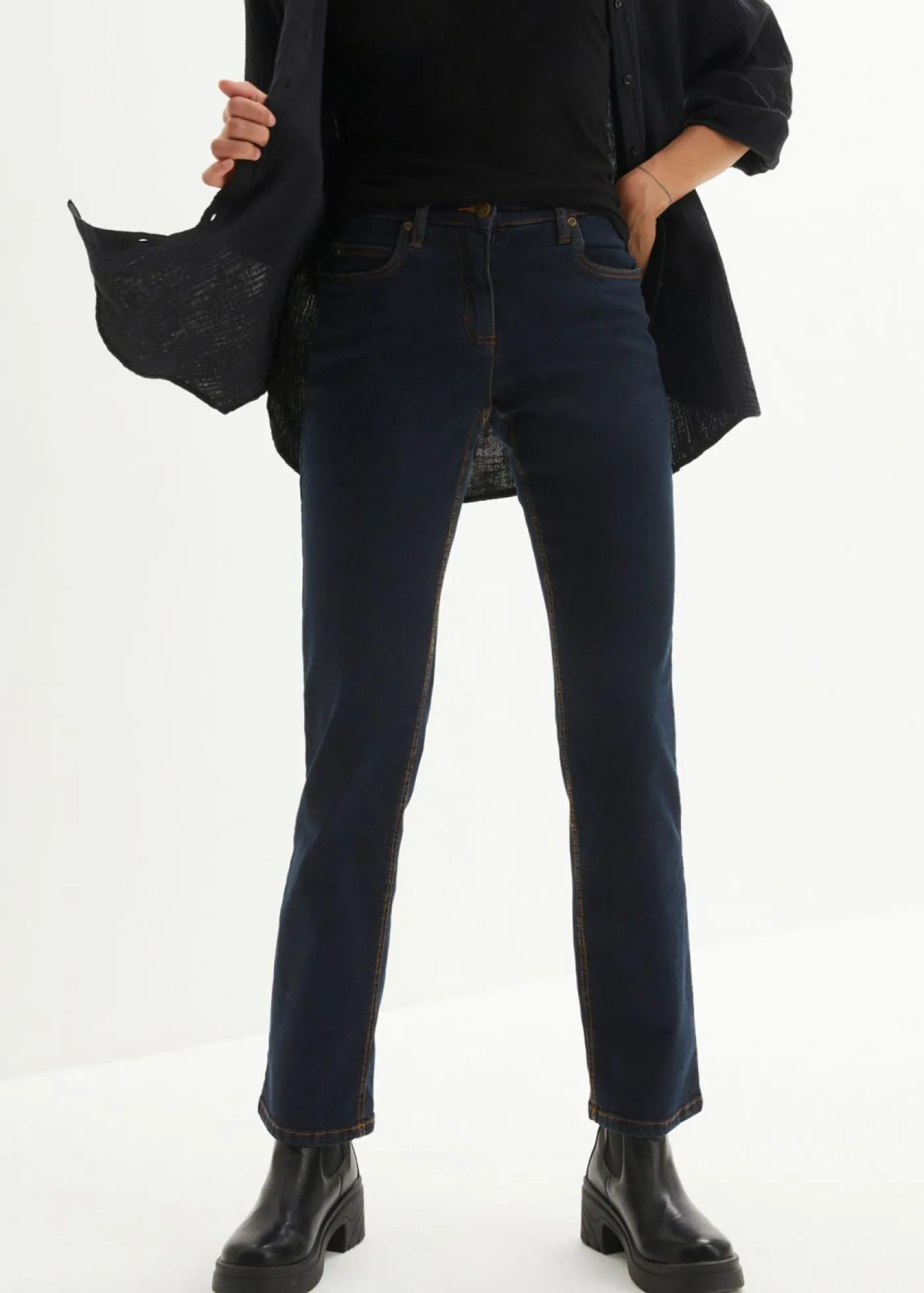 bonprix bonprix Vaqueros straight, mid waist, elásticos Azul marino Sale
