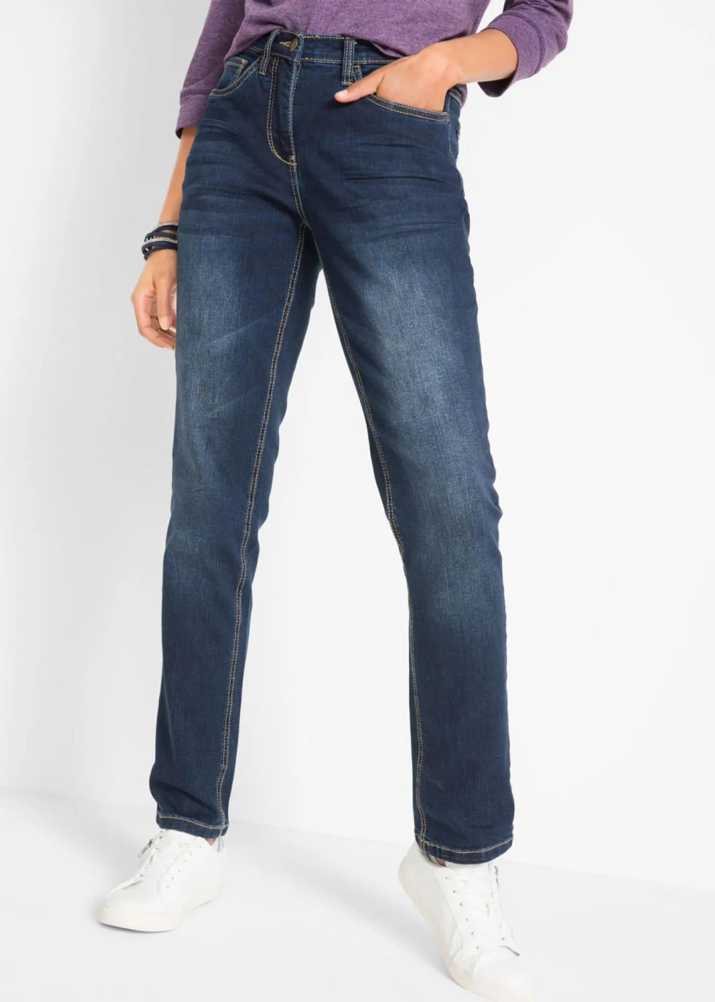 bonprix bonprix Vaqueros straight, mid waist, elásticos Azul marino desgastado New